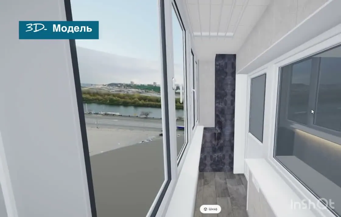 3D-проект балкона в нашей программе: панели под бетон, тёмный шкаф-пенал, подсветка под подоконником